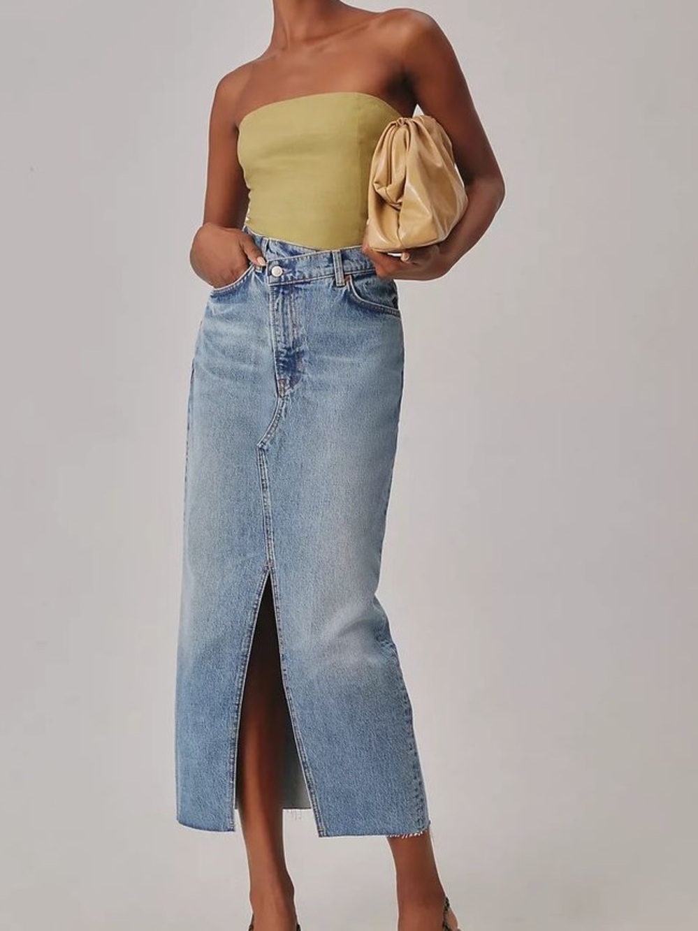 NWT Reformation Nila Light Blue Denim Midi Skirt with Front Slit in Galway